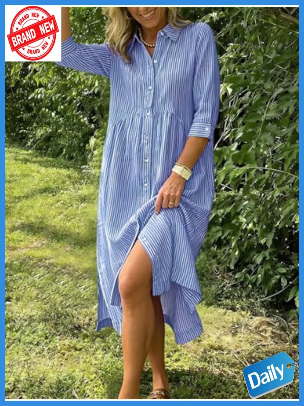 Women's Boho Striped Shirt Dress 3/4 Sleeve Button Up Side Slit Loose Cotton - Picture 4 of 5